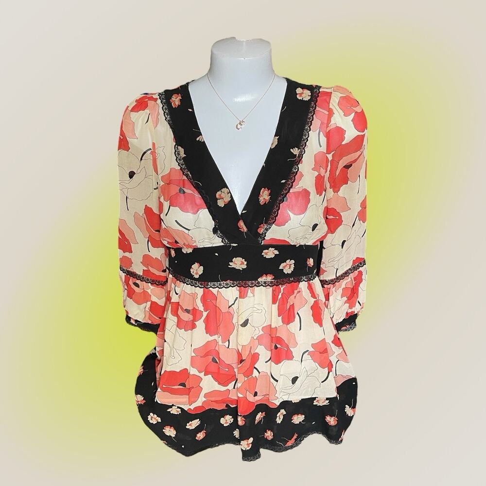 Fei Silk Coral Pink & Black Floral Top Blouse Sz 2 4 S Vintage Anthropologie Y2K